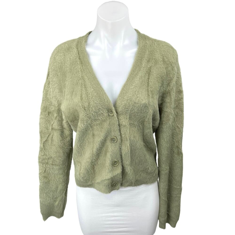 Rachel Zoe Green Faux Fur V Neck Button Down Cardigan Sweater Top Size M